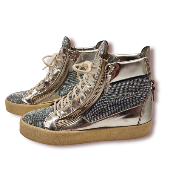 (RARE)Giuseppe Zanotti Blue/Silver Denim Justy Crystal Studded High Top Sneakers - Picture 4 of 8